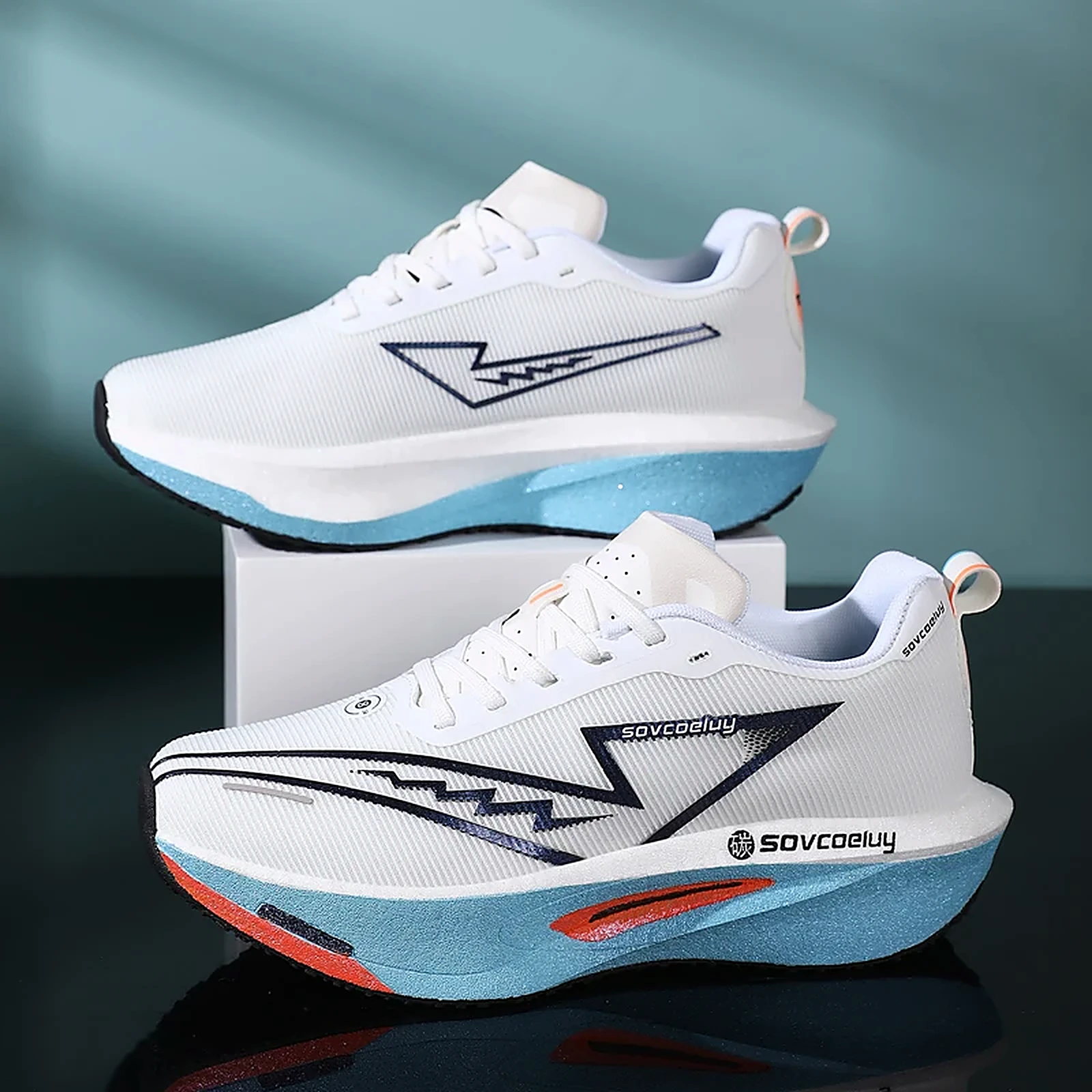 Sovcoeluy Velocity Runner in white and ice blue, studio side profile